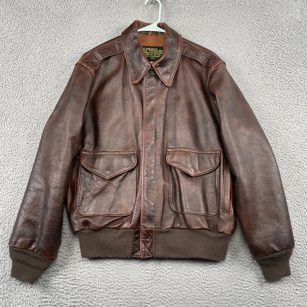 US Wings Flight Jacket Mens L Brown A-2 Bomber Leather Military Aviator USA Made
